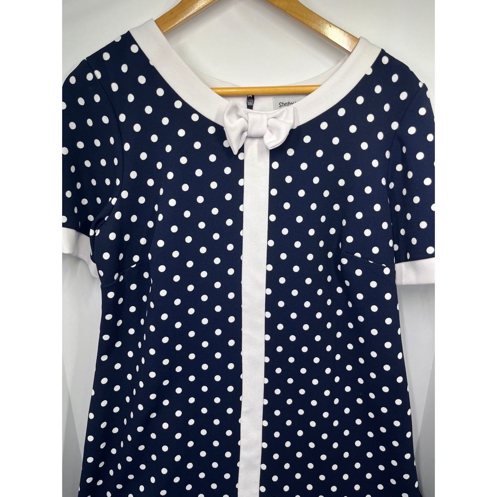 Shelby & Palmer Navy Blue White Polka Dot Bow Shift Dress Womens 14 Short Sleeve